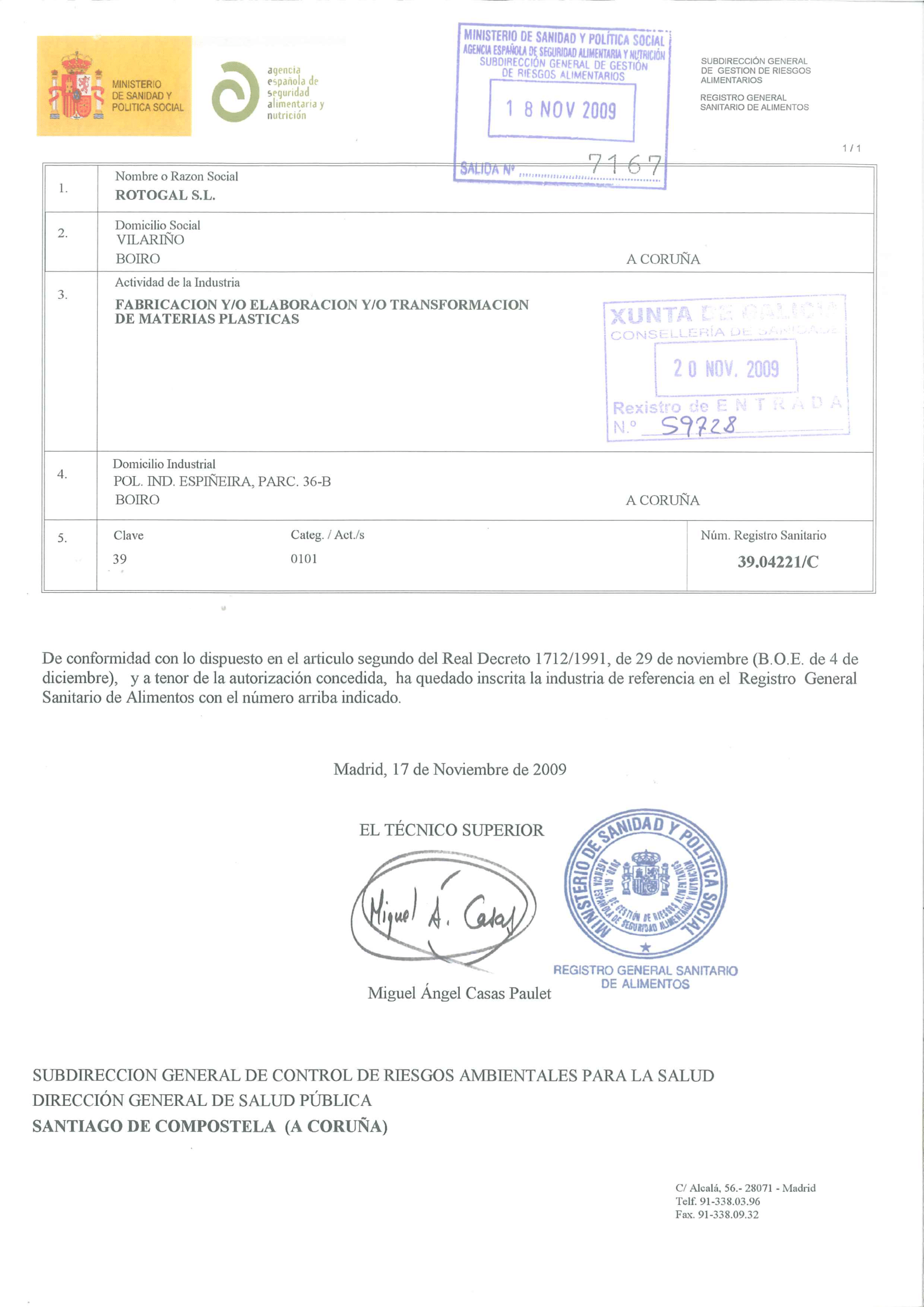 Certificación Ministerio de Sanidad - Rotogal